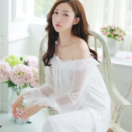 Nightclothes Womens Soft Long Nightgowns Female Sweet Princess Sleeping Home Dress Lady Lace Sexy White Nightdress bathrobe