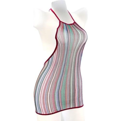 New Style Womens Sexy Underwear Colorful Stripes Transparent Sexy Lingerie Tight Skirt Ladies Erotic Costumes Babydolls W8027
