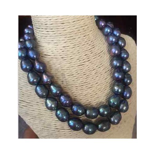 Double strands tahitian black blue 10-11mm baroque pearl necklace 18"19" 925s