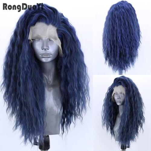 Synthetic Lace Wigs for Women Long Hair Lace Front Wig Kinky Curly Wigs High Temperature Fiber Cosplay Wig Dark Blue Hair