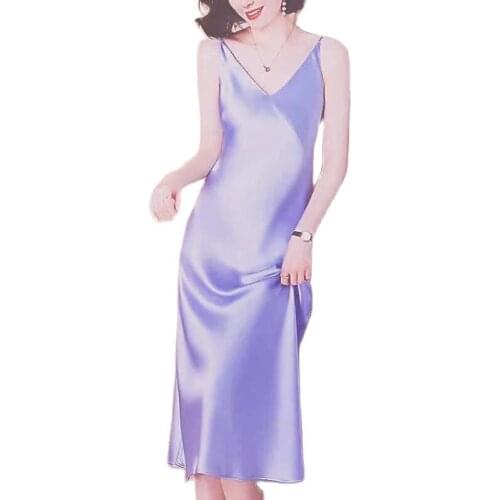 Bright shiny Slip Dress Satin Sleeveless V-Neck Solid Soft Elegant Vintage Lady Spring Summer Female Long Spaghetti Strap Dresse