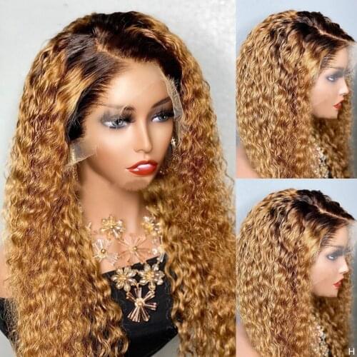 180% Density Ombre Honey Blonde Curly Lace Front Wig For Black Women Human Remy Hair With Baby Hair Preplucked Brazilian Daily