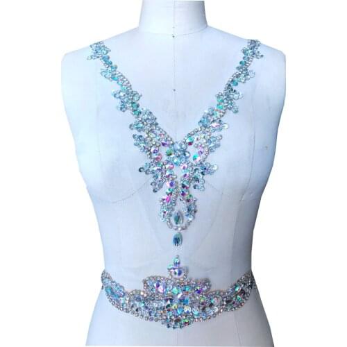 Handmade sew on rhinestones multicolored applique on mesh crystals trim patches 31*27cm&30*9cm for dress DIY accessories