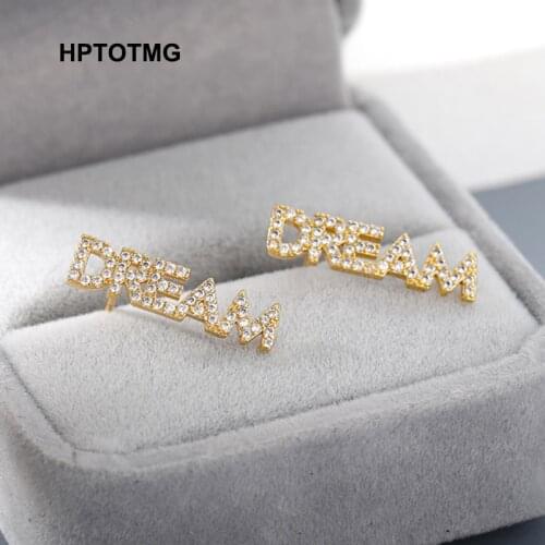 Gold Zircon DREAM Letter Stud Earrings 2021 Trend Stainless Steel Gothic Alphabet Piercing Jewelry Party Earrings for Women
