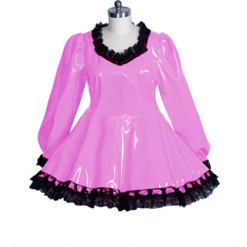 Sissy Femme Maid Lolita PVC Sexy Costumes Lockable Role Playing Aline Dress Long Sleeve Patent Leather Lace Trimming Latex Dress