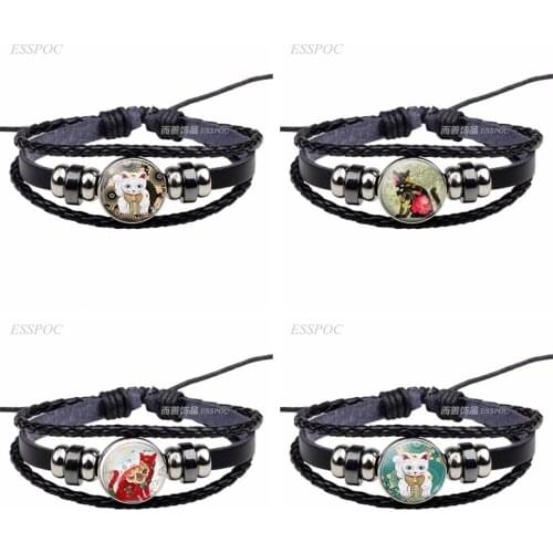Lucky Cat Glass Dome Black Button Knit Leather Pendant Jewelry Bracelet Fashion Accessories Tan Maneki Neko Romance Gift