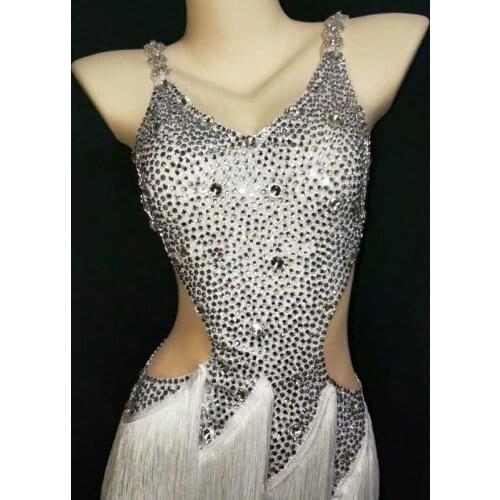 Latin Dancing Costume Dance Dress Tassel Skirt Ladies Fringe Stage Wear Sparkly Silver Rhinestones Women Competition Clothing