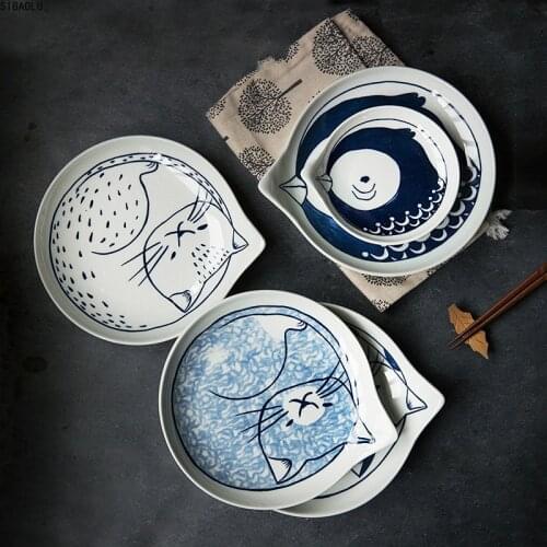 Japanese Style Ceramic Teardrop Plates Dishes Sets Fruit Tableware Creative Design Cute Cartoon Lucky Cat Pattern