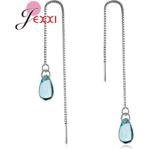 Clearly Waterdrop Blue Crystal Design Genuine 925 Sterling Silver Long Thread Box Chian Dangle Earrings for Femme Women