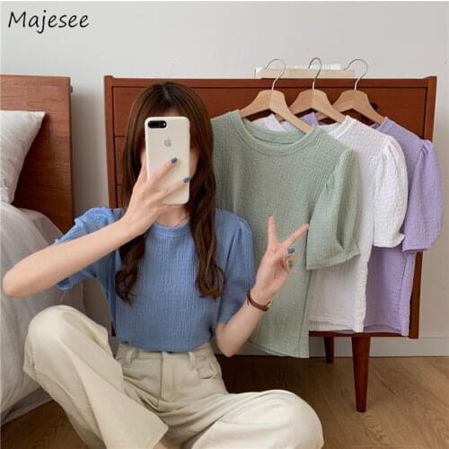 Short Sleeve T-shirts Women 4 Color Pure Sweet Korean Style Loose Leisure All-match Tops O-neck Summer Breathable Female Teens