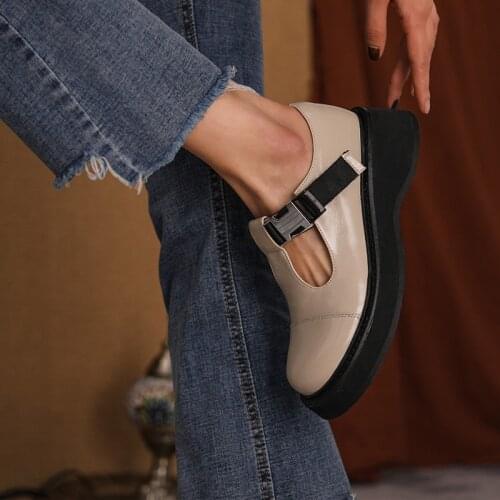 New Genuine Leather Slip-On Flat Platform Womens Shoes Fashion Belt Buckle Thick Heel Spring/Autumn Flats Size 34-43 Handmade