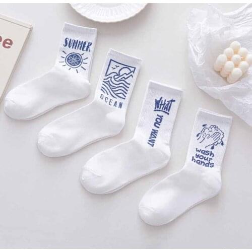 Women Letter Vintage Patterned Harajuku Socks Fashion Funny Skateboard Cool Socks Female Casual Cotton Short Hipster Sox White