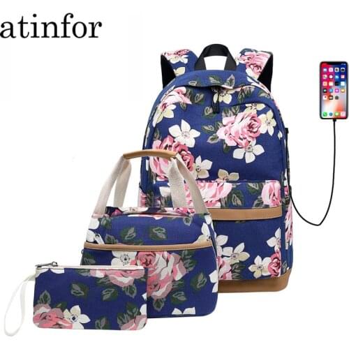 Atinfor 3pcs/Set Womens Flower Print Backpack USB Charging Port School Backpacks Student Casual Bookbag