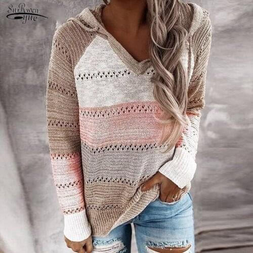 Autumn Casual V Neck Patchwork Hooded Sweater Women Top Long Sleeve Knitted Sweater Winter Striped Pullover Women Jumpers 11663