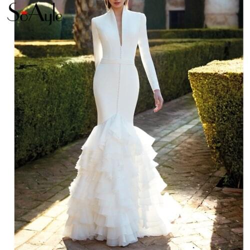 SoAyle Mermaid Wedding Dress Long Sleeves Soft Satin Gorgeous Bridal Gowns White Winter Formal Dresses Ruffles