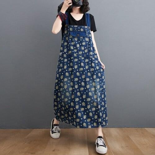 Summer Women Denim Dress Vintage Floral Print Sleeveless Loose Jeans Dress Overalls Woman Suspender A-line Long Dresses