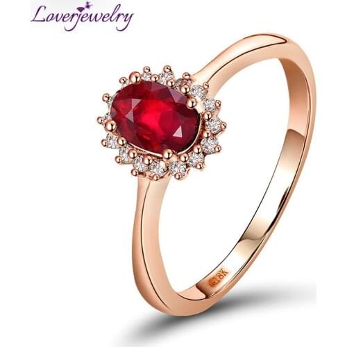 New Oval 4x6mm Red Ruby 18kt Rose Gold Natural Diamond Engagement Ring Fine Jewelry for Women Wedding Gift WU0128