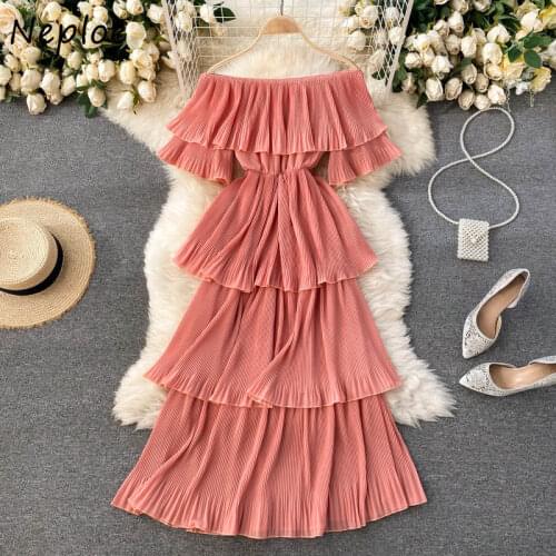 Neploe Sexy Slash Neck Strapless Shoulder Slim Dress Women High Waist Hip Ruffles Patch Solid Vestido Short Sleeve Holiday Robe
