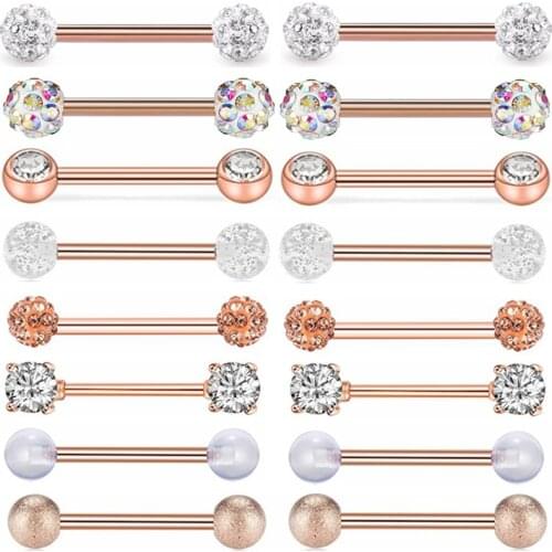 1Piece Zircon Glitter Tongue Piercing Ring Sexy Rose Gold Tongue Rings Crystal Nipple Piercing Bar Studs Lengua Jewelry