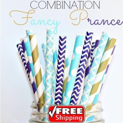 250pcs Mixed 5 Designs FANCY PRANCE Themed Paper Straws - Purple,Aqua,Gold-Stripe,Chevron,Damask,Wholesale,Decorative,Pretty