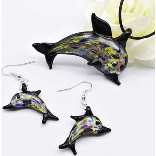6SetS black Dolphin Lampwork Glass Murano Bead Necklace Earring FASHION