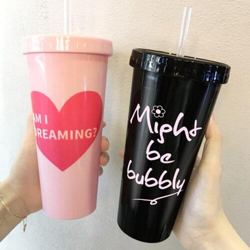 640ML Water Bottle With Straws Lid Pink Heart Plastic Tumbler BPA Free Coffee Tea Drinking Cup Drinkware