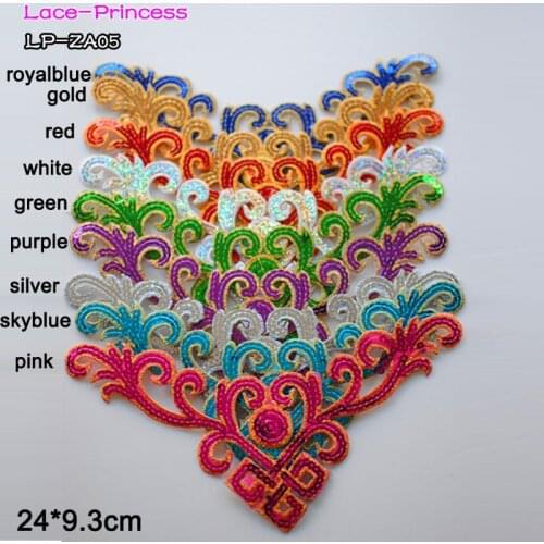 8 PCS 24X9.3CM colorful sequins lace fabric flower applique patch embroidered flowers clothes diy accessories ZA05