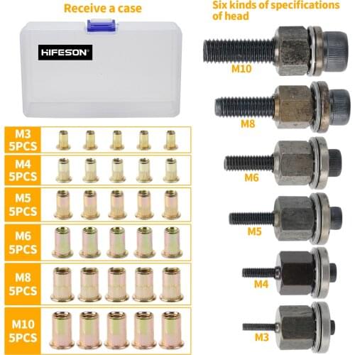 HIFESON 36PCS Pneumatic Rivet Gun Iron Nut Thread Pull Head Riveting Nut M3-M10 Multi Size Insert Nutsert Cap