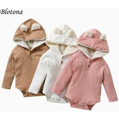 Blotona Baby Girls Boys Fleece-lined Romper, Autumn Winter Solid Color Ribbed Cartoon Ears Long Sleeve Hooded Jumpsuit 0-24M