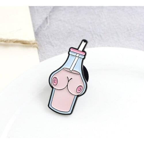 Creative Pink Sweet Brooch Female Organs Beverage Female Breast Shape Unique Bottle Brooches Women Gifts Coat Badge Pins