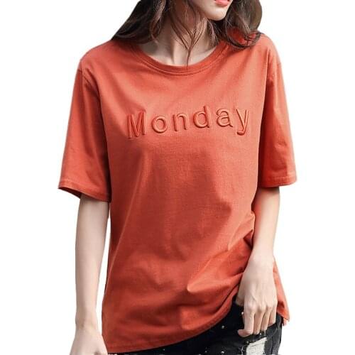 Summer Casual Loose Women T Shirt Embroidered Letters Monday Harajuku Cotton Short Sleeve Orange Tees Tops