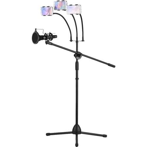 Microphone Floor Stand Tripod Metal Adjustable Height with Boom Arm 3 Mic Holders & 1 Smartphone Holder for Live Streaming