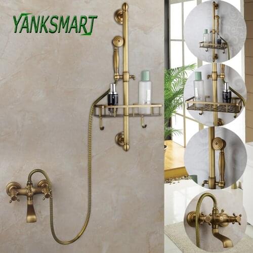 YANKSMART Antique Brass Bathroom Shower Handle + Shelf Combo Set Control Valve Head Sprayer Wall Mounted Cold & Hot Mixer Tap