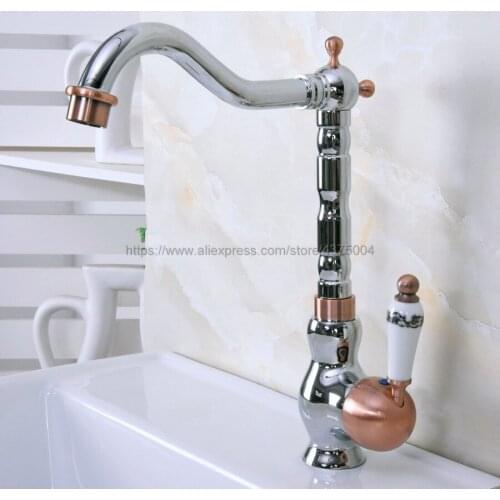 Bathroom Sink Faucet Polished Chrome And Red Copper 360 Rotable Basin Faucet Water Tap Single Handle Cold and Hot Water Nnf911