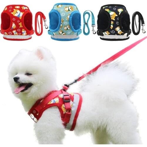 Pet Dog Harness with Leash Adjustable Vest Walking Supplies Soft Breathable Cute Puppy Pattern for Small Medium Large Dogs