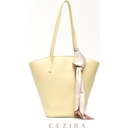 CEZIRA Brand Design PU Vegan Leather HandBag For Women Fashion Tote Shoulder Bag Bucket Female Chic Silk Ribbon Top-handle Purse