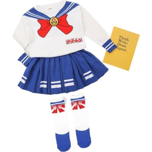 Cartoons Anime Moon Cute Childrens Cosplay Performance Costumes Knit Sweater Pleated Skirt Socks Unisex Hot Sale Set