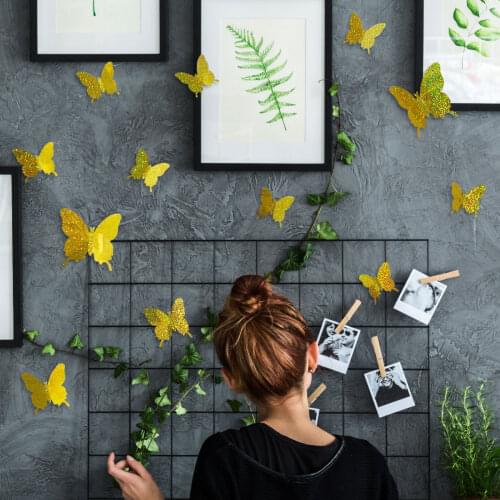 DEKMILE Butterfly 3D Wall Decor Sticker With Glue Glitter Gold Pink Silvery Art Decal 12PCS/set Trendy DIY Home Room Decorations