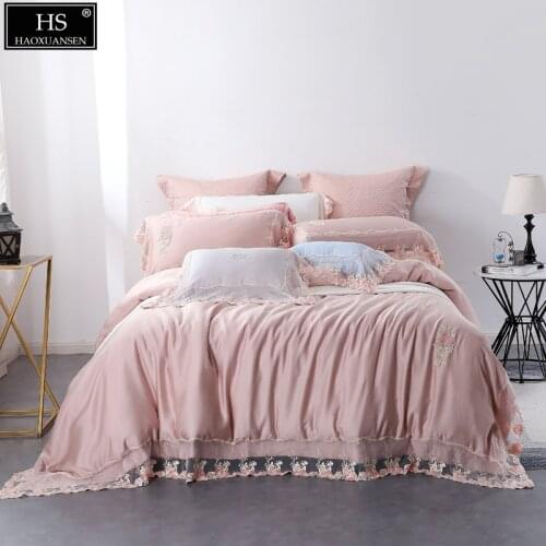 High-end Purplish Red Bedding Sets Tencel Lyocell Fabric Princess Style Bed Linen Elegant Lace Duvet Cover Bed Sheets Pillowcase