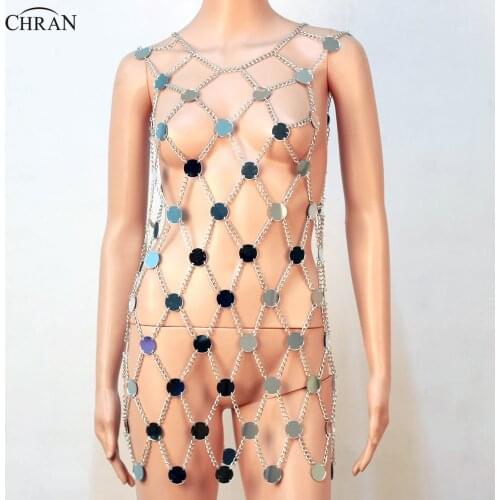 CHRAN Mirror Perspex Crop Top Mesh Chain Mini Skirt Top Necklace Beach Bra Bralette Sexy Bikini Dress Party Jewelry