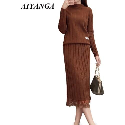 New 2018 Knitted Sweater Women Sets Autumn Winter 2 Pieces Female Pullovers Sweaters Patchwork Lace Skirts Slim Elasticity Top