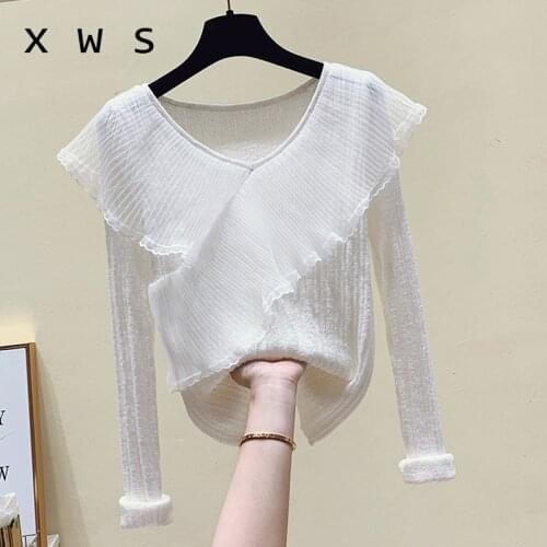 Fashion Ruffle autumn V-NECK thin Sweater Pullovers Women Long Sleeve casual 2020 Mesh patchwork Sweater knit Jumpers top