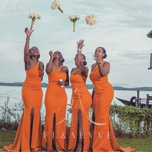 New Orange Satin Mermaid Bridesmaid Dresses for African Women Wedding Party Gowns Side Split Prom Gowns Plus Size