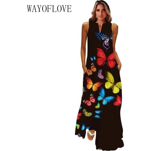 WAYOFLOVE Butterfly Print Black Dress 2021 Sleeveless Summer Beach Casual Elegant Dresses Woman Plus Size Girls Long Dress Women