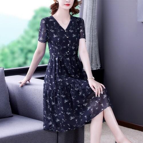V-Neck Floral Chiffon Beach Chic Casual Midi Dress 2021 Summer New Vintage Blue Print Dress Women Elegant Bodycon Party Vestidos