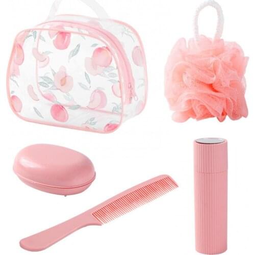 5Pcs/Set Peach Print Clear Storage Bag Makeup Pouch Comb Tooth Brushing Mug Kit