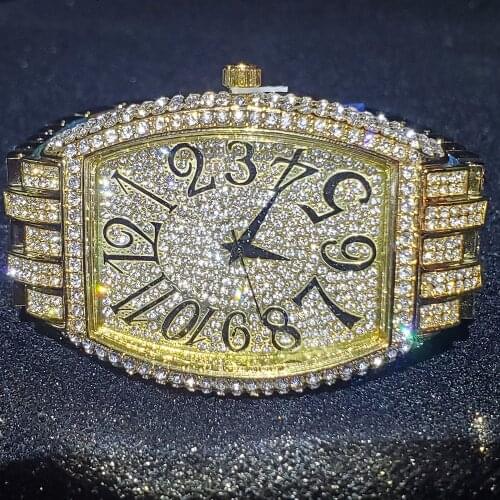 Hip Hop MISSFOX Fully Iced Out Tonneau Watch Men Stainless Steel Fashion Luxury Brand Quartz Square Wristwatches Business Watch