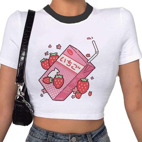 Strawberry Juice Graphic Print T-shirt Women Harajuku Aesthetic White Tops Tshirt 2021 Summer Fashion Y2k Cartoon Female T Shirt