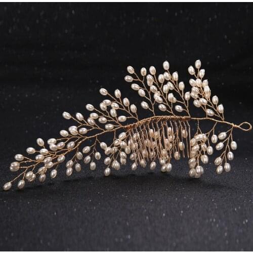 Gold Color Leaf Pearl Hair Comb Bridal Hair Jewelry Accessories Wedding Women Head Decoration Comb Handmade Elegant Ornament