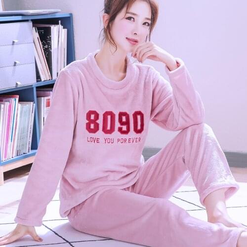 H5767 Autumn Winter Thickened Flannel Pajamas Ladies Coral Fleece Sleepwear Suit Women Korean Warm Cute Student Home Clothes